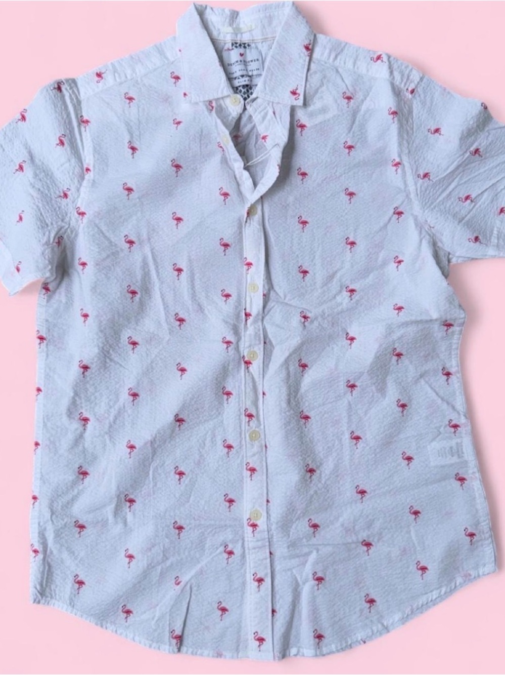 Denim & Flower White Short-Sleeve Shirt with Pink Flamingo Print